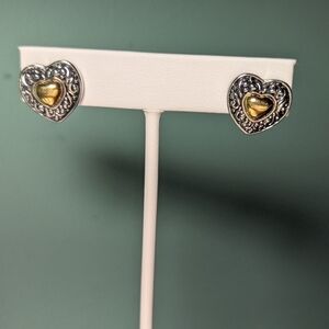 Puffy Heart-Shaped Silver and Gold Pierced Earrings Signed P.D.